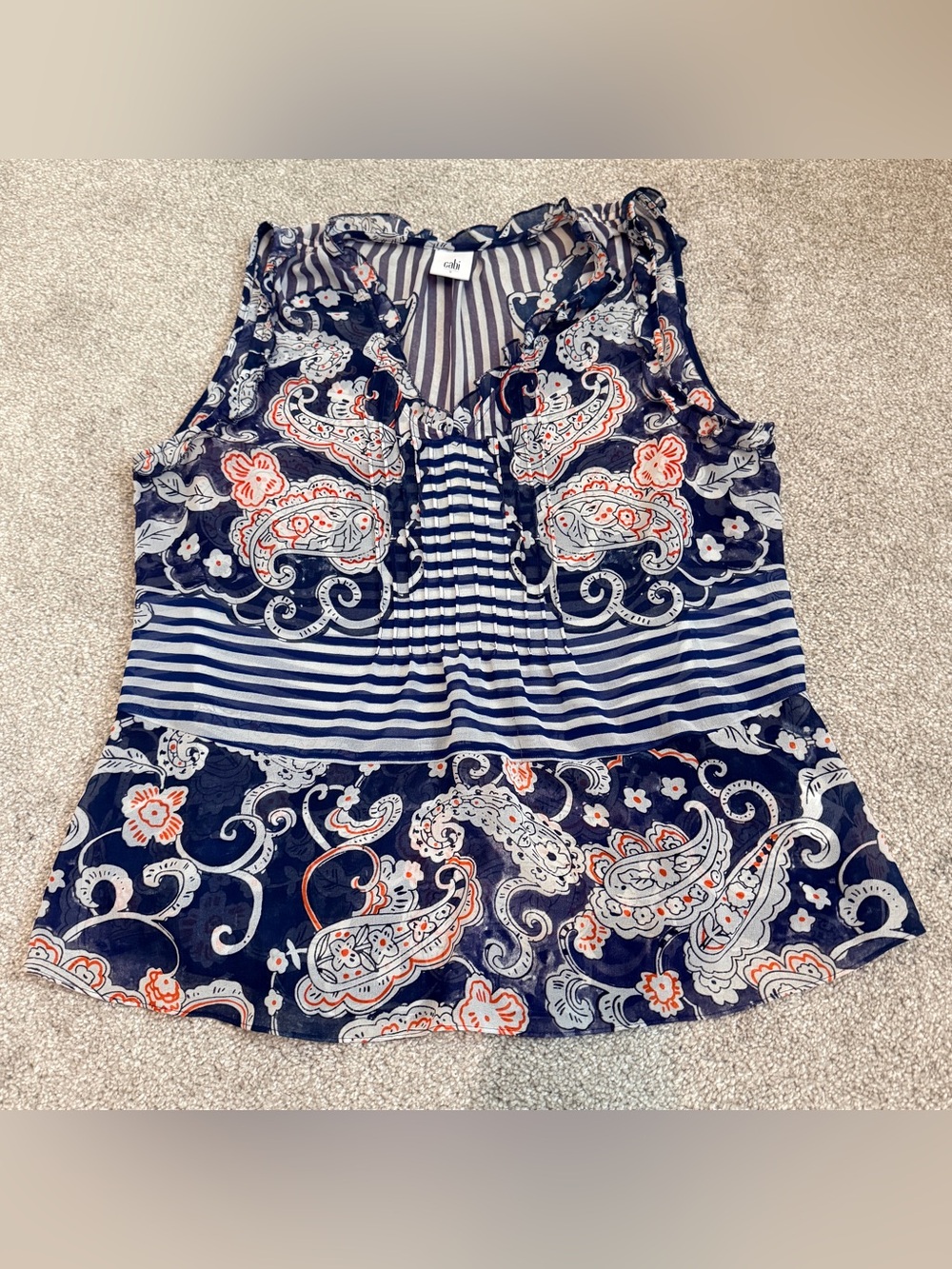 Cabi Tide Pool Tank Top 5349 Blue Paisley Stripe Ruffle V-Neck Sleeveless Small